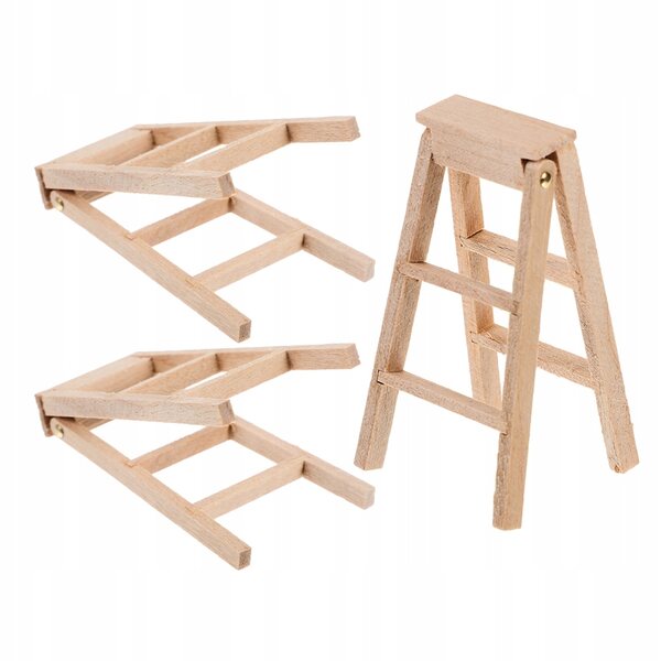 Set 3 Miniature Scale Wooden Ladders Pieghevoli per Domini delle Bambole e Diorami