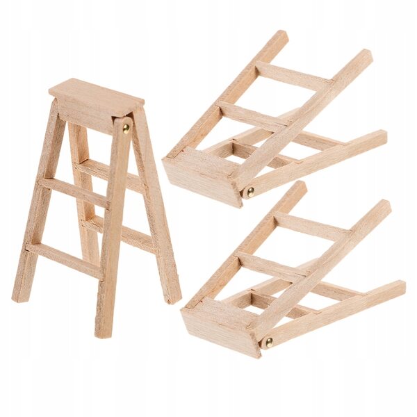 Set 3 Miniature Scale Wooden Ladders Pieghevoli per Domini delle Bambole e Diorami