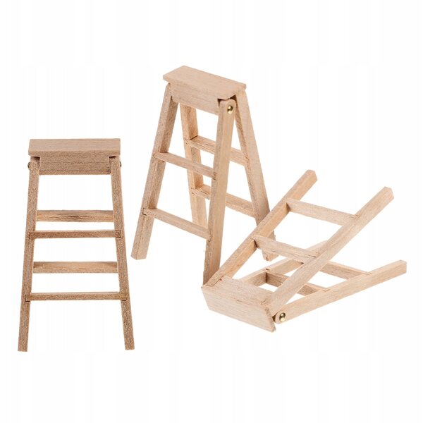 Set 3 Miniature Scale Wooden Ladders Pieghevoli per Domini delle Bambole e Diorami