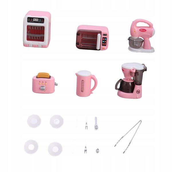 Miniatuur keukenapparatuur voor kinderen met roze borden en bestek