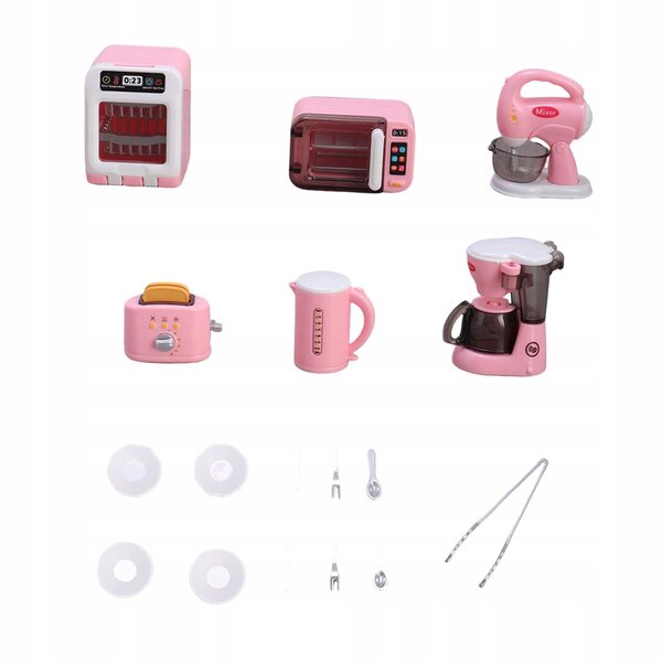 Miniatuur keukenapparatuur voor kinderen met roze borden en bestek