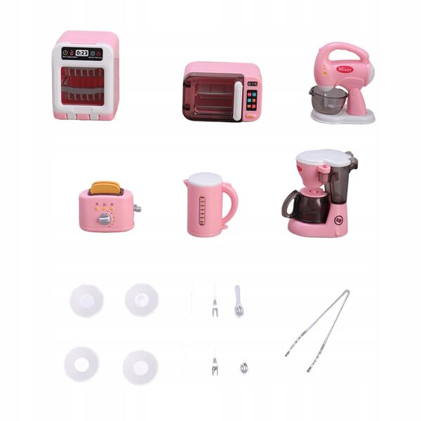Miniatuur keukenapparatuur voor kinderen met roze borden en bestek