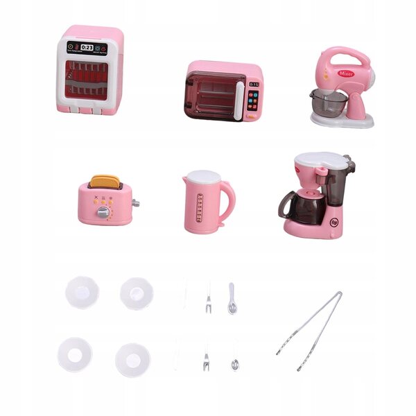 Miniatuur keukenapparatuur voor kinderen met roze borden en bestek