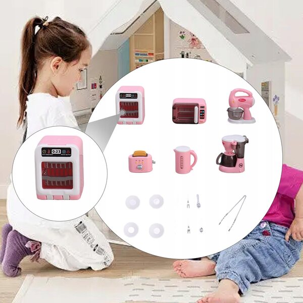 Miniatuur keukenapparatuur voor kinderen met roze borden en bestek