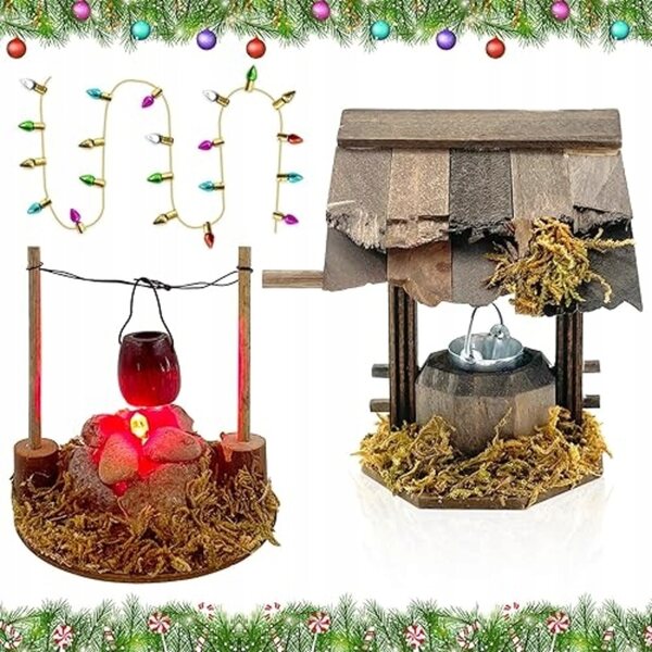 Mini accessori in legno per bambole con fuoco e strumenti miniaturizzati