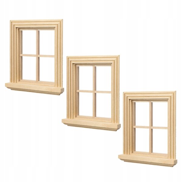 3 beige Holzfensterrahmen für Puppenhäuser im Maßstab 1:12