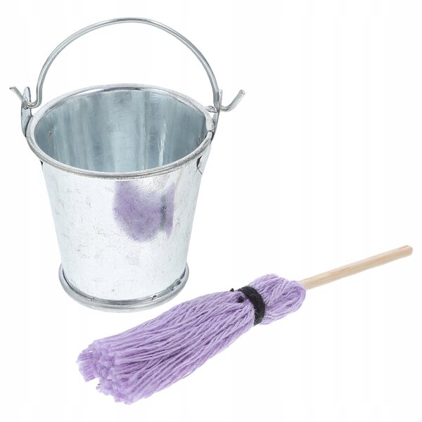 Mini mop e secchio in metallo per decorare casa delle bambole, set resistente e dettagliato