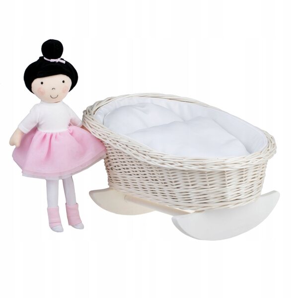 Culla in vimini per bambole con bordino bianco, cuscino e trapunta 46x30 cm