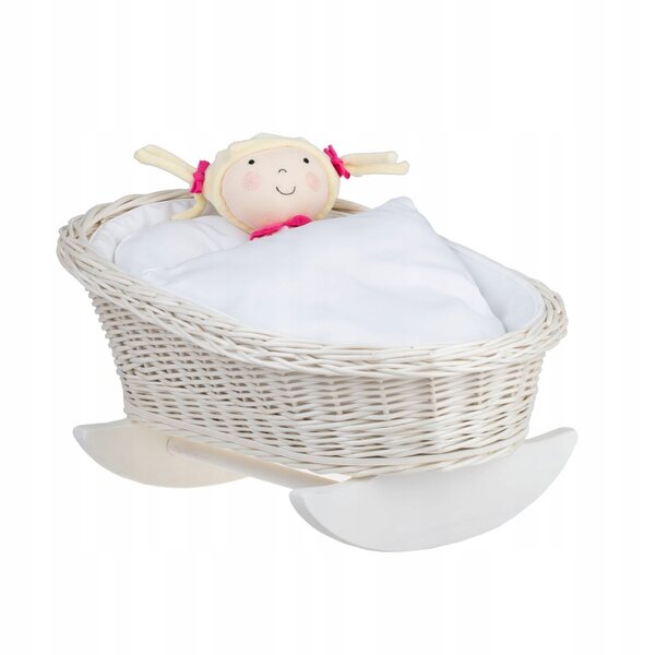 Culla in vimini per bambole con bordino bianco, cuscino e trapunta 46x30 cm