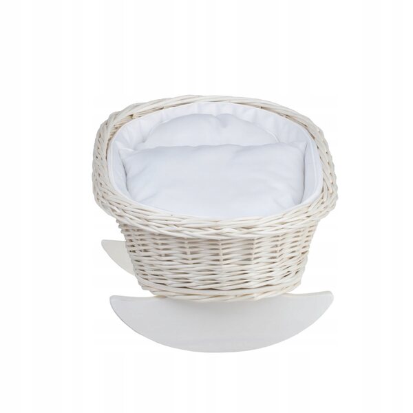 Culla in vimini per bambole con bordino bianco, cuscino e trapunta 46x30 cm