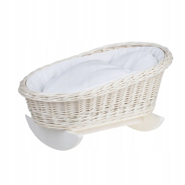 Culla in vimini per bambole con bordino bianco, cuscino e trapunta 46x30 cm