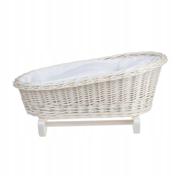 Culla in vimini per bambole con bordino bianco, cuscino e trapunta 46x30 cm