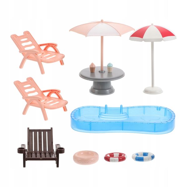 Mini-poppenhuis-strandset met zwembad, ligbedden en accessoires