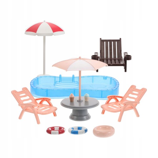 Mini-poppenhuis-strandset met zwembad, ligbedden en accessoires