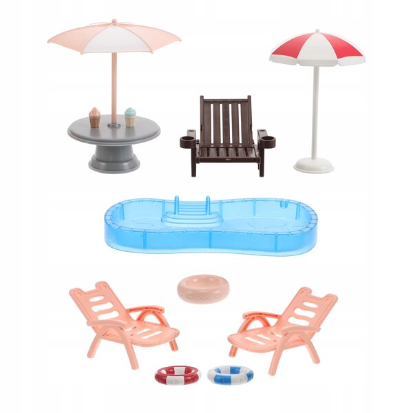 Mini-poppenhuis-strandset met zwembad, ligbedden en accessoires