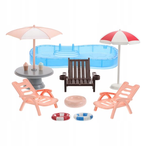 Mini-poppenhuis-strandset met zwembad, ligbedden en accessoires