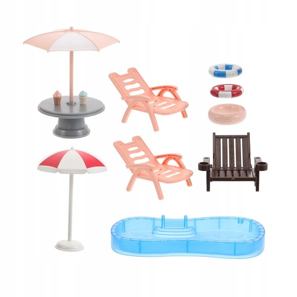 Mini-poppenhuis-strandset met zwembad, ligbedden en accessoires