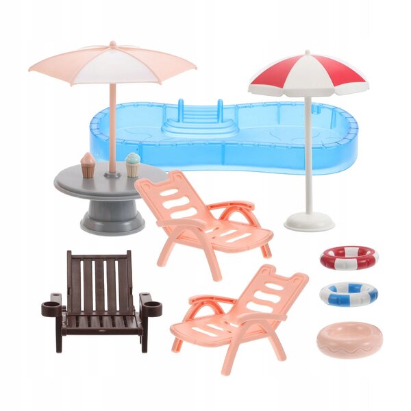 Mini-poppenhuis-strandset met zwembad, ligbedden en accessoires