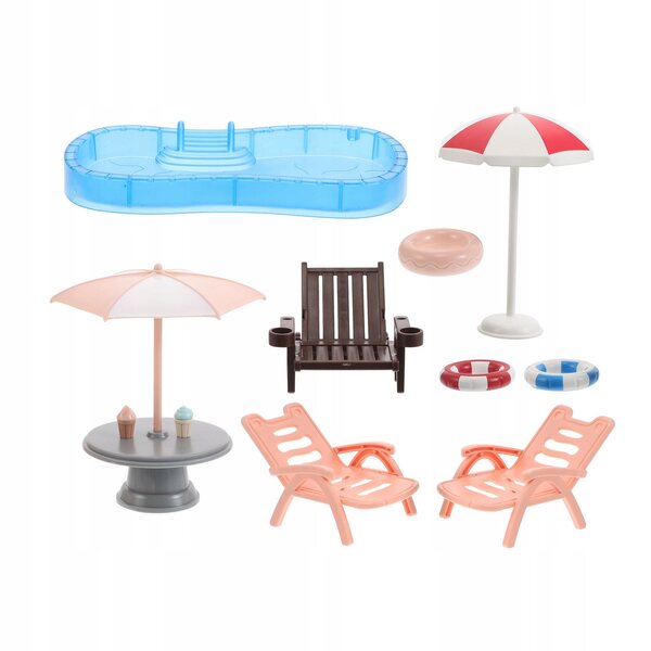 Mini-poppenhuis-strandset met zwembad, ligbedden en accessoires