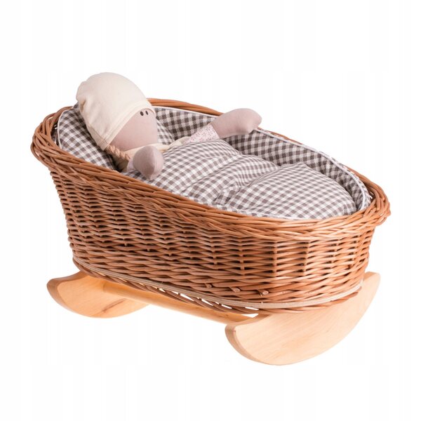 Rieten wieg voor poppen met bruine bies, kussen en dekbed 46x30 cm