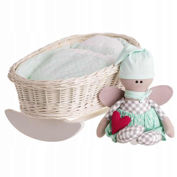 Culla in vimini per bambole con morbida biancheria da letto e bordino color menta 46x30 cm