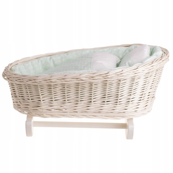 Culla in vimini per bambole con morbida biancheria da letto e bordino color menta 46x30 cm