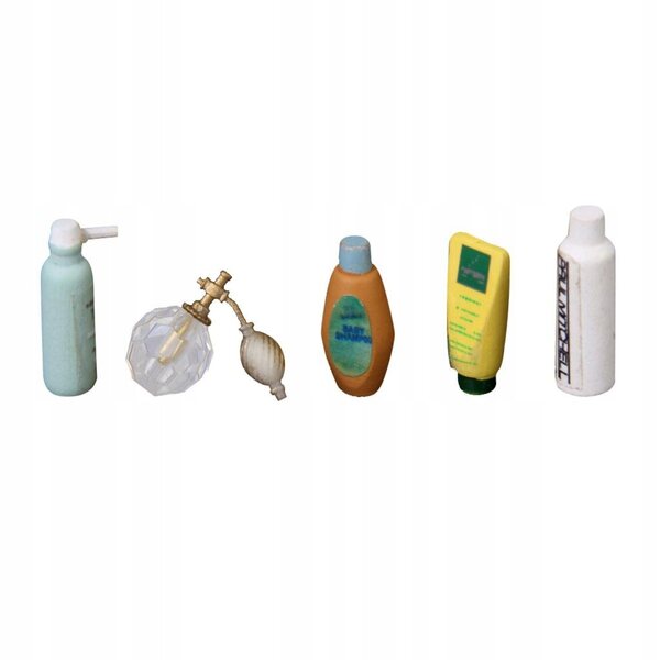 Miniatuur badkamerset voor poppen van 1:12 met parfum en shampoo in gekleurd hout