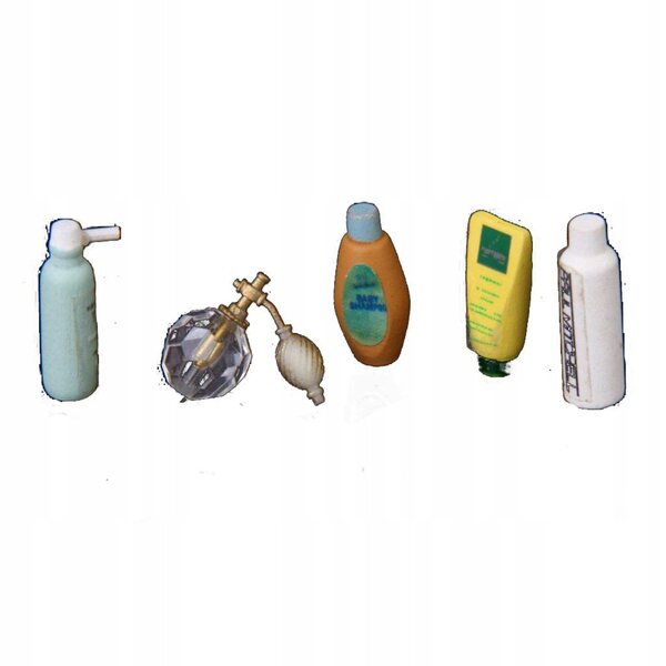 Miniatuur badkamerset voor poppen van 1:12 met parfum en shampoo in gekleurd hout