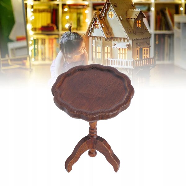 Tavolino in miniatura per una casa delle bambole 1:12, in legno, rotondo, castagno