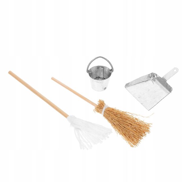 Mini-Zubehörset für Mini-Koffer: Besen, Bürste, Eimer und Palette aus Holz und Harz