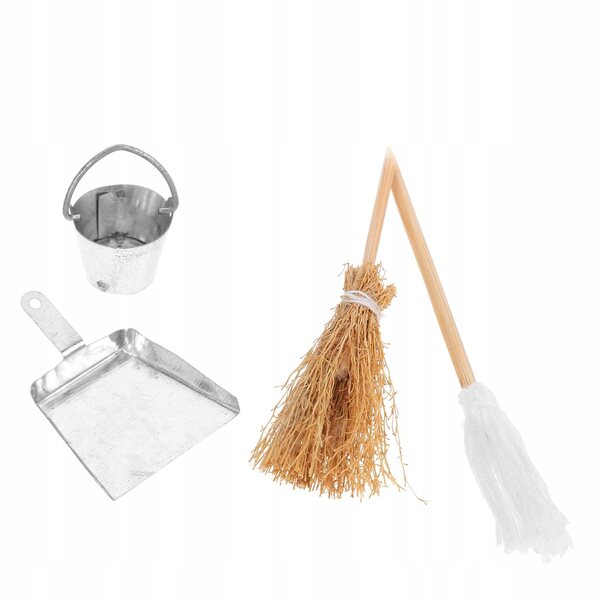 Mini-Zubehörset für Mini-Koffer: Besen, Bürste, Eimer und Palette aus Holz und Harz
