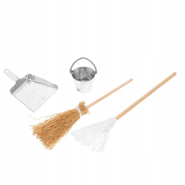 Mini-Zubehörset für Mini-Koffer: Besen, Bürste, Eimer und Palette aus Holz und Harz