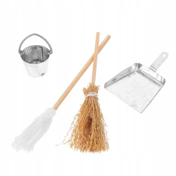 Mini-Zubehörset für Mini-Koffer: Besen, Bürste, Eimer und Palette aus Holz und Harz