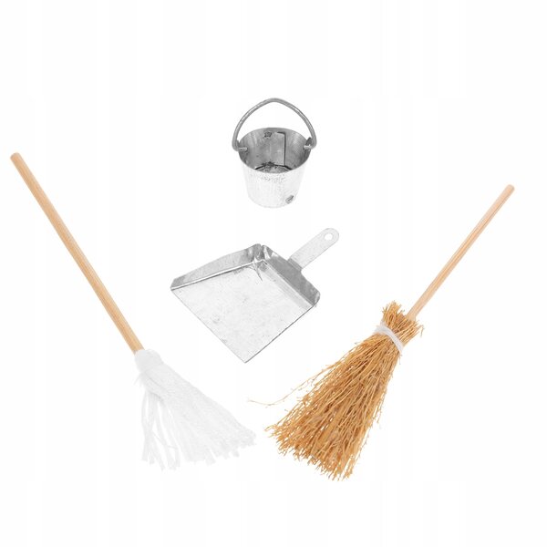 Mini-Zubehörset für Mini-Koffer: Besen, Bürste, Eimer und Palette aus Holz und Harz