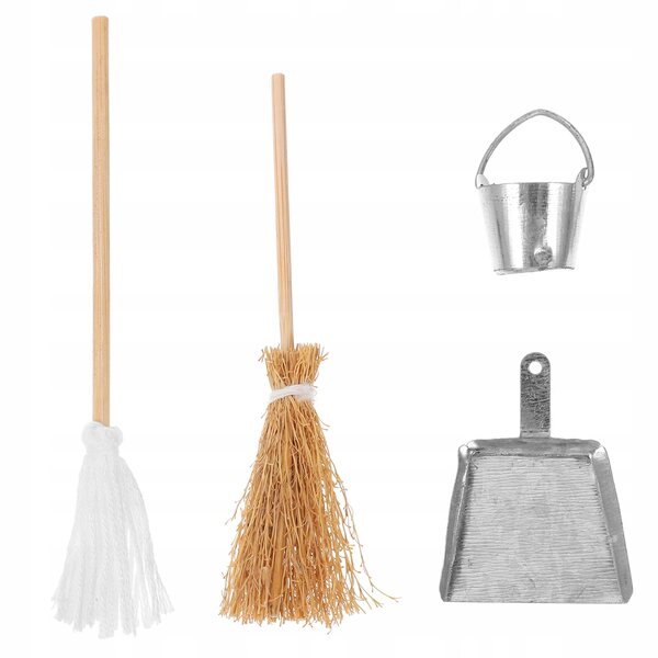 Mini-Zubehörset für Mini-Koffer: Besen, Bürste, Eimer und Palette aus Holz und Harz