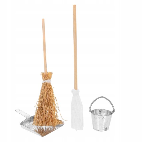 Mini-Zubehörset für Mini-Koffer: Besen, Bürste, Eimer und Palette aus Holz und Harz