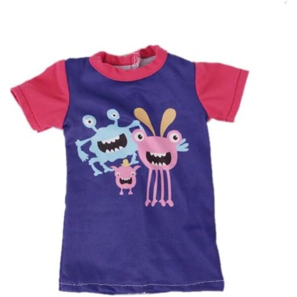 Kleid für 46-cm-Puppe mit Cartoon-Monster-Aufdruck. Sicheres und farbenfrohes Freizeitkleid