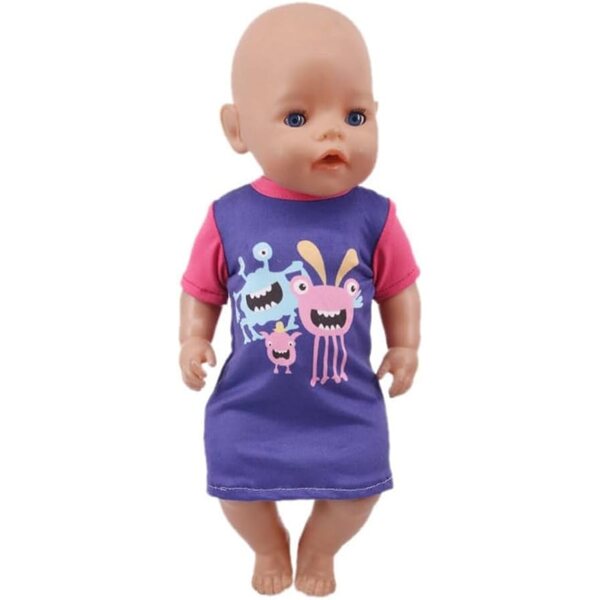 Kleid für 46-cm-Puppe mit Cartoon-Monster-Aufdruck. Sicheres und farbenfrohes Freizeitkleid