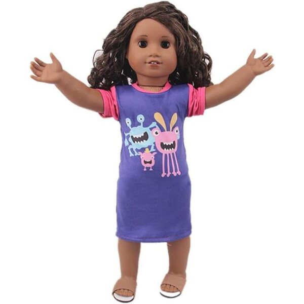 Kleid für 46-cm-Puppe mit Cartoon-Monster-Aufdruck. Sicheres und farbenfrohes Freizeitkleid