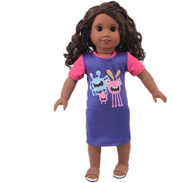 Kleid für 46-cm-Puppe mit Cartoon-Monster-Aufdruck. Sicheres und farbenfrohes Freizeitkleid