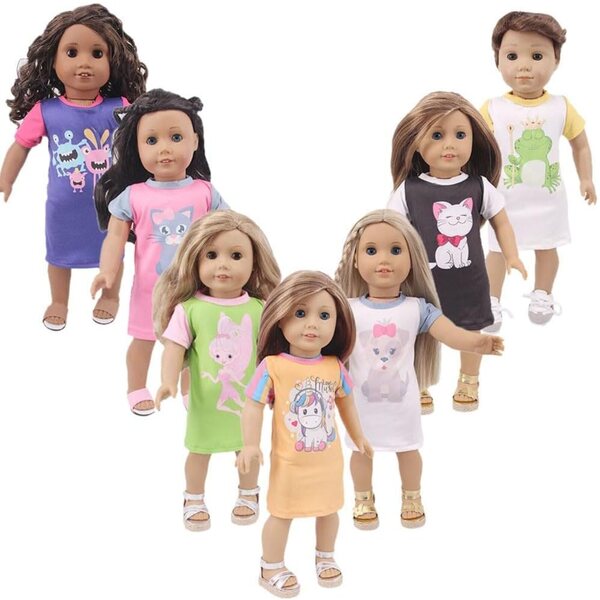 Kleid für 46-cm-Puppe mit Cartoon-Monster-Aufdruck. Sicheres und farbenfrohes Freizeitkleid