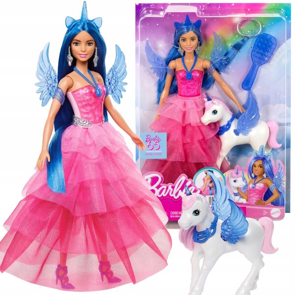 Barbie Sapphire mit geflügeltem Einhorn und Mattel-Accessoires zum 65. Jubiläum
