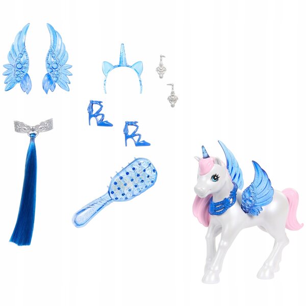 Barbie Sapphire mit geflügeltem Einhorn und Mattel-Accessoires zum 65. Jubiläum