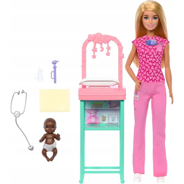 Barbie Pediatra Mattel con Set Accessori e Bambino, Gioco Educativo per Bambini 3+