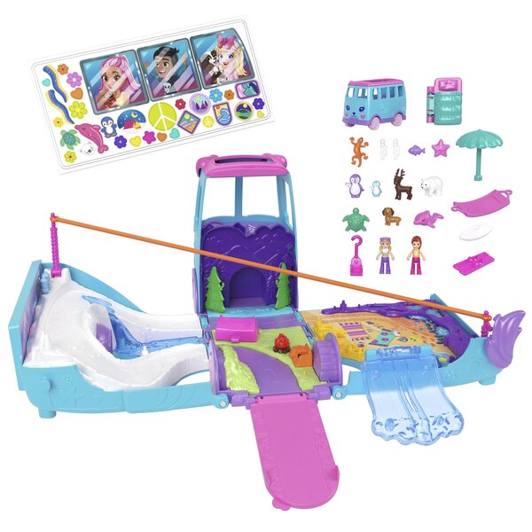 Polly Pocket Van Mega Adventure Travel Set avec 2 poupées et accessoires