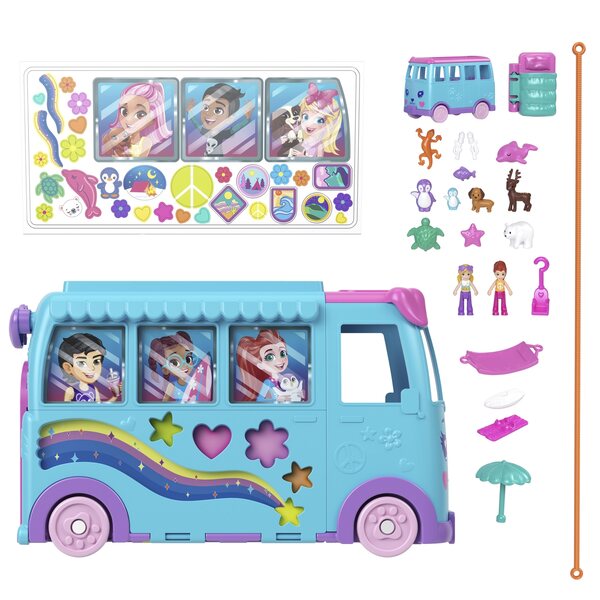 Polly Pocket Van Mega Adventure Travel Set avec 2 poupées et accessoires