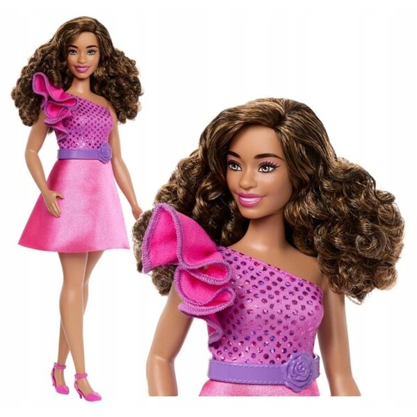 Barbie Fashionistas Curvy con abito rosa e dettagli eleganti, bambola da 29 cm