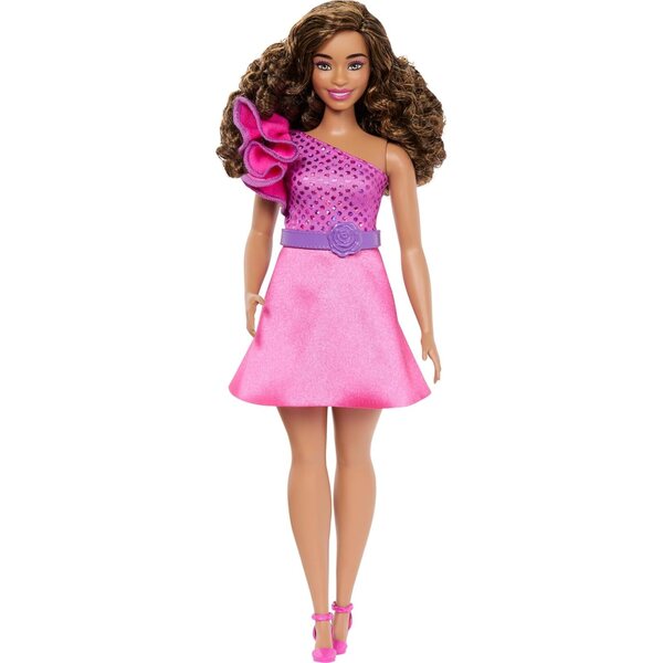 Barbie Fashionistas Curvy con abito rosa e dettagli eleganti, bambola da 29 cm