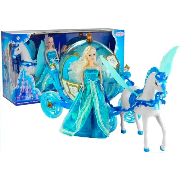 Puppenset mit Kutsche und blauem Pferd mit Lichtern und Flügeln – Spiel für Mädchen