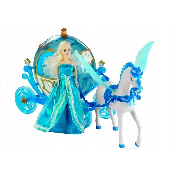 Set Bambola con Carrozza e Cavallo Azzurro con Luci e Ali - Gioco per Bambine